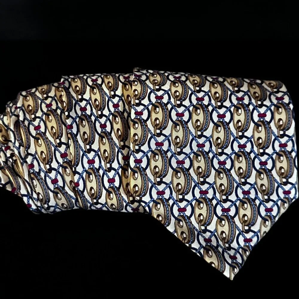 Gucci Gold Silk Tie Link Chain EUC Neckwear White Baroque rococo VTg